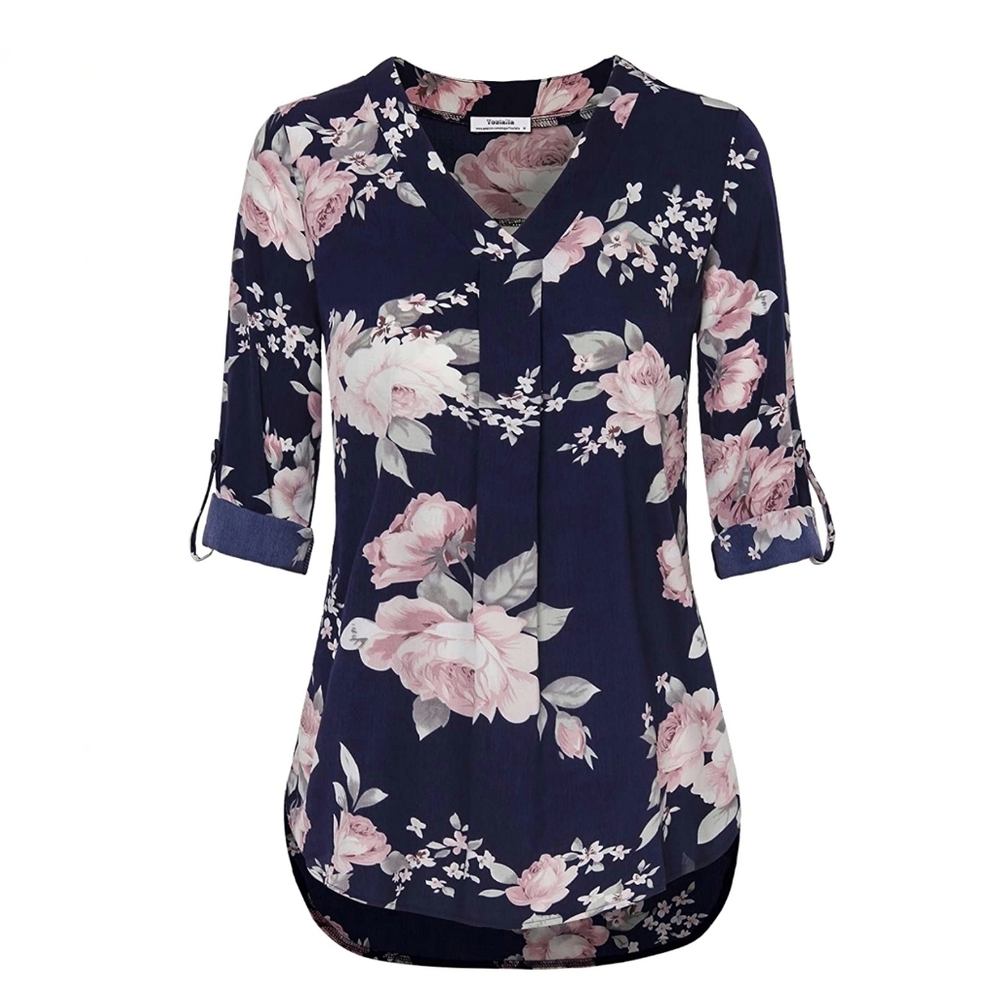 3/4 Cuffed Sleeve Floral Chiffon Blouse